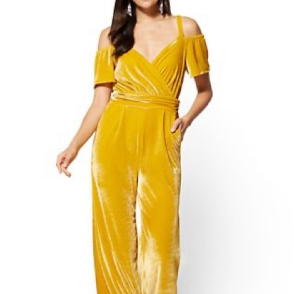 New York & Company Mustard Velvet Jumpsuit